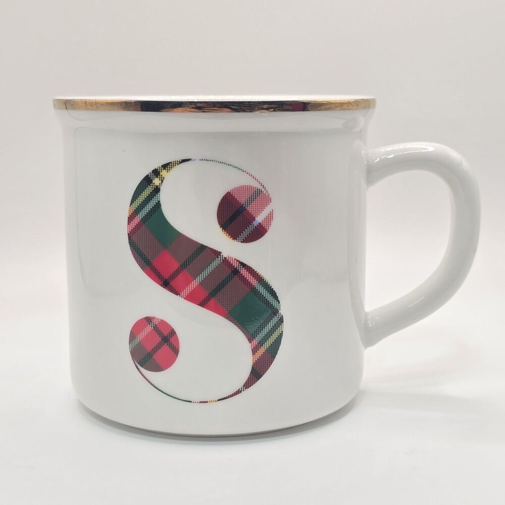 POTTERY BARN STEWART PLAID (S) INITIAL COFFEE MUG